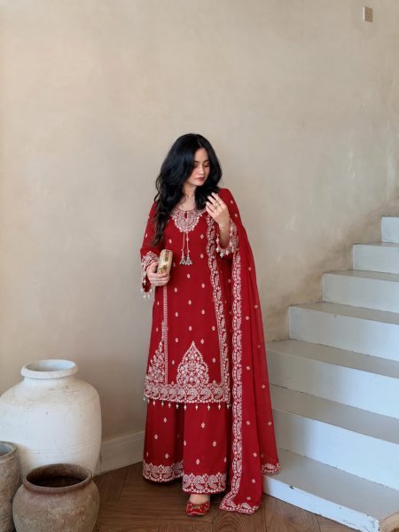 Intricate Red Designer Fox Georgette Top Palazzo Dupatta Set with Sequin Work Ready To Wear Collection