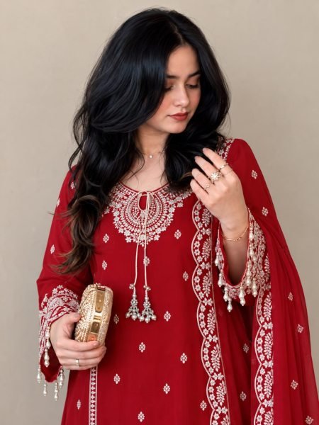 Intricate Red Designer Fox Georgette Top Palazzo Dupatta Set with Sequin Work Ready To Wear Collection