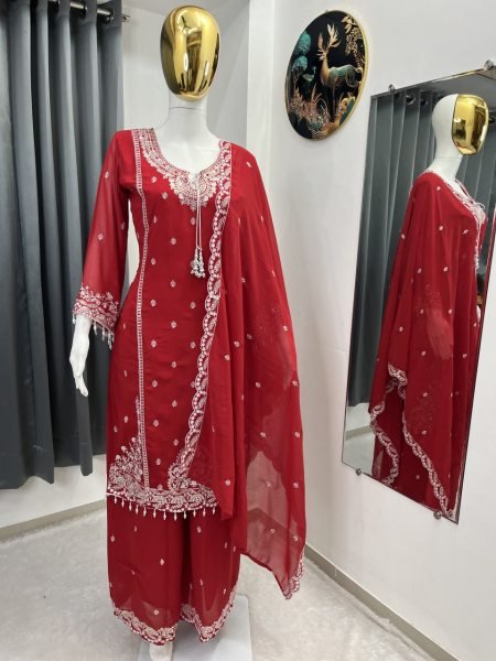 Intricate Red Designer Fox Georgette Top Palazzo Dupatta Set with Sequin Work Ready To Wear Collection