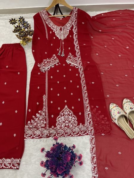 Intricate Red Designer Fox Georgette Top Palazzo Dupatta Set with Sequin Work Ready To Wear Collection