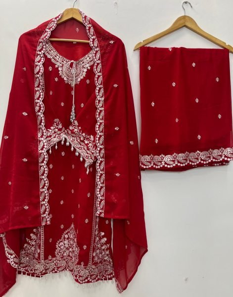 Intricate Red Designer Fox Georgette Top Palazzo Dupatta Set with Sequin Work Ready To Wear Collection