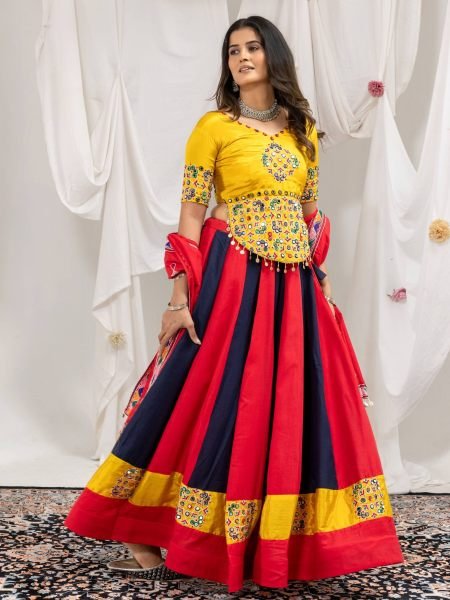 Intricate Red Magic Cotton Lehenga Choli with Real Mirror and Embroidery Work 