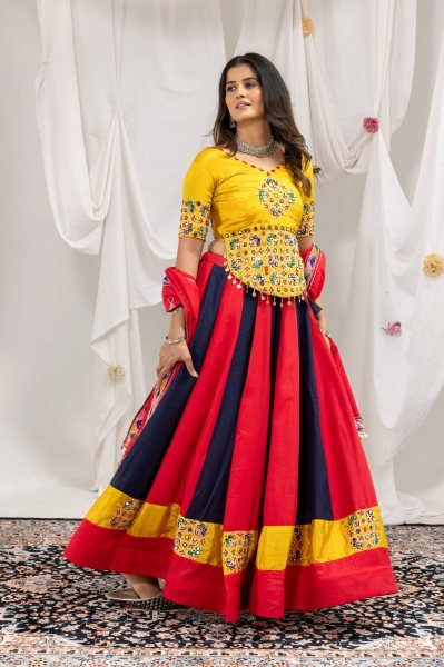 Intricate Red Magic Cotton Lehenga Choli with Real Mirror and Embroidery Work Navratri Lehnega Choli