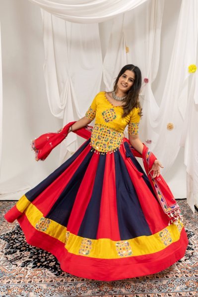 Intricate Red Magic Cotton Lehenga Choli with Real Mirror and Embroidery Work Navratri Lehnega Choli