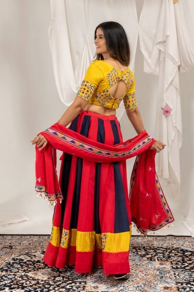 Intricate Red Magic Cotton Lehenga Choli with Real Mirror and Embroidery Work Navratri Lehnega Choli
