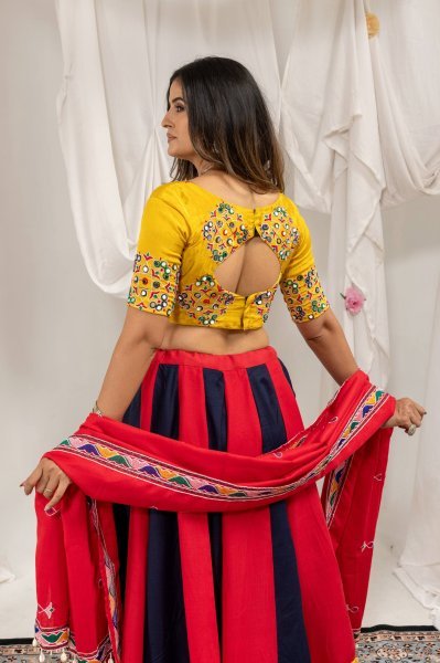 Intricate Red Magic Cotton Lehenga Choli with Real Mirror and Embroidery Work Navratri Lehnega Choli