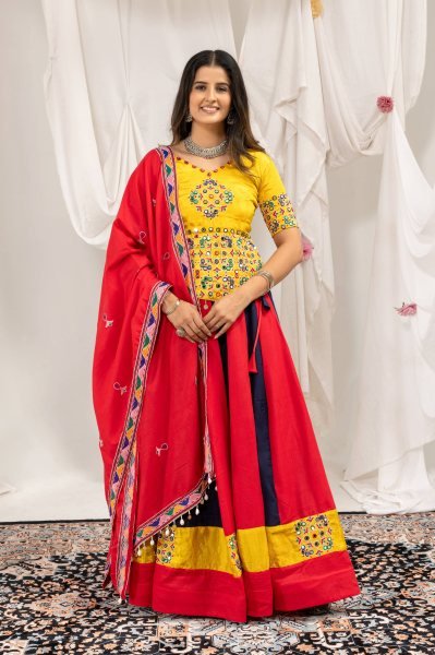 Intricate Red Magic Cotton Lehenga Choli with Real Mirror and Embroidery Work Navratri Lehnega Choli