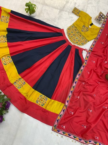 Intricate Red Magic Cotton Lehenga Choli with Real Mirror and Embroidery Work Navratri Lehnega Choli