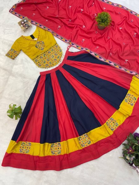 Intricate Red Magic Cotton Lehenga Choli with Real Mirror and Embroidery Work Navratri Lehnega Choli