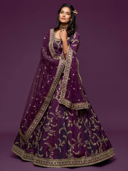 Intricate Royal Purple Stylish Art Silk Lehenga Set for Wedding and Reception Wear