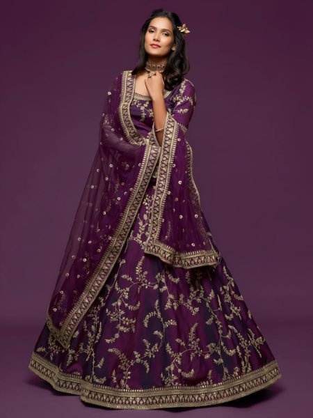 Intricate Royal Purple Stylish Art Silk Lehenga Set for Wedding and Reception Wear Bridal Lehenga Choli