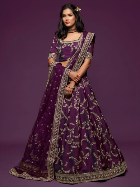 Intricate Royal Purple Stylish Art Silk Lehenga Set for Wedding and Reception Wear Bridal Lehenga Choli