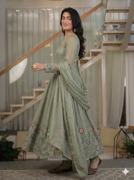 Intricate Sage Green Heavy Crunchy Silk Anarkali Suit Set with Sequins Embroidery For Party Wear Ready To Wear Collection