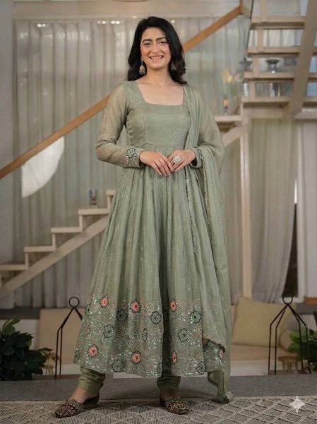 Intricate Sage Green Heavy Crunchy Silk Anarkali Suit Set with Sequins Embroidery For Party Wear Ready To Wear Collection