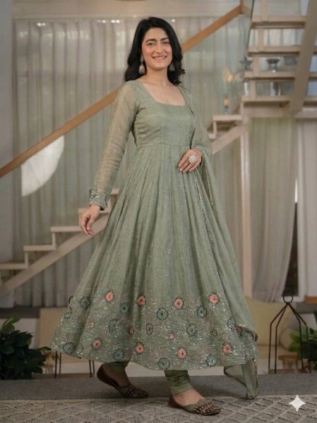 Intricate Sage Green Heavy Crunchy Silk Anarkali Suit Set with Sequins Embroidery For Party Wear Ready To Wear Collection