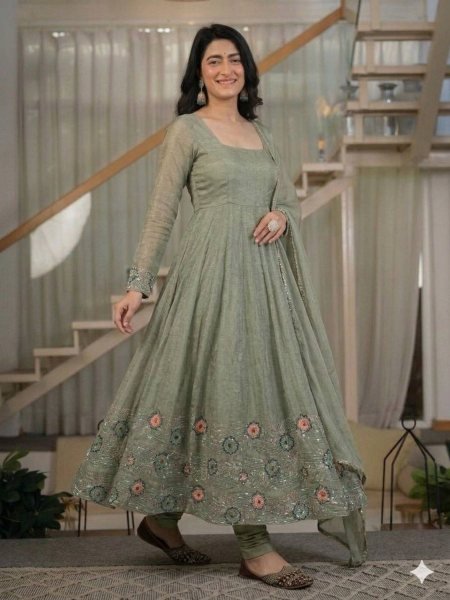 Intricate Sage Green Heavy Crunchy Silk Anarkali Suit Set with Sequins Embroidery For Party Wear Ready To Wear Collection