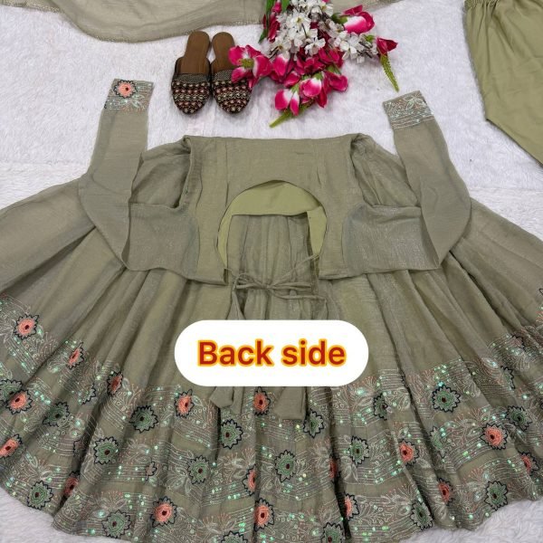 Intricate Sage Green Heavy Crunchy Silk Anarkali Suit Set with Sequins Embroidery For Party Wear Ready To Wear Collection