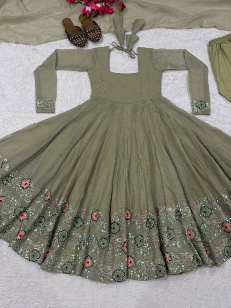 Intricate Sage Green Heavy Crunchy Silk Anarkali Suit Set with Sequins Embroidery For Party Wear Ready To Wear Collection
