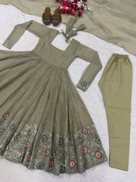 Intricate Sage Green Heavy Crunchy Silk Anarkali Suit Set with Sequins Embroidery For Party Wear Ready To Wear Collection