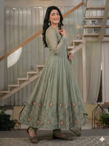 Intricate Sage Green Heavy Crunchy Silk Anarkali Suit Set with Sequins Embroidery For Party Wear Ready To Wear Collection