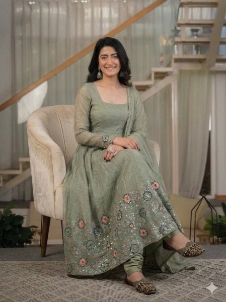 Intricate Sage Green Heavy Crunchy Silk Anarkali Suit Set with Sequins Embroidery For Party Wear Ready To Wear Collection