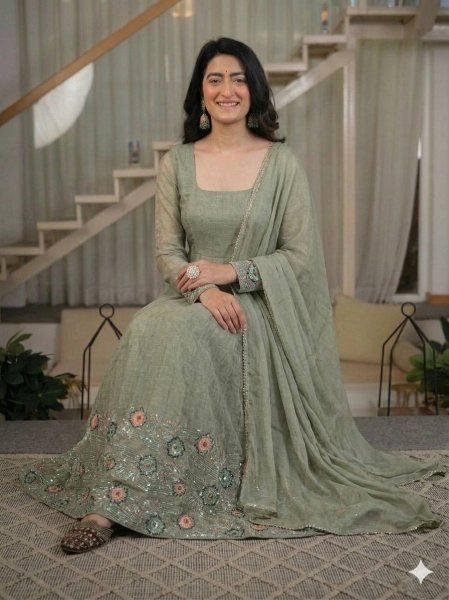 Intricate Sage Green Heavy Crunchy Silk Anarkali Suit Set with Sequins Embroidery For Party Wear Ready To Wear Collection