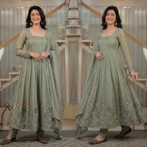 Intricate Sage Green Heavy Crunchy Silk Anarkali Suit Set with Sequins Embroidery For Party Wear Ready To Wear Collection