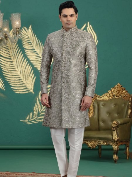 Intricate Sage Grey  Banarasi Jacquard Wedding Kurta Collection for Boutique Buyers Mens Wear