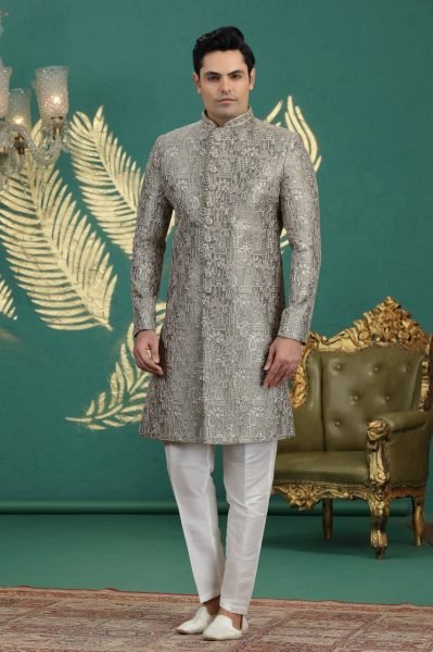 Intricate Sage Grey  Banarasi Jacquard Wedding Kurta Collection for Boutique Buyers Kurta Pajama Wholesale