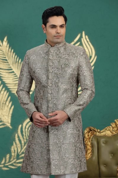 Intricate Sage Grey  Banarasi Jacquard Wedding Kurta Collection for Boutique Buyers Kurta Pajama Wholesale