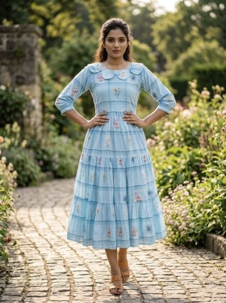 Intricate Sky Blue Comfortable Flared Kurti for Women Casual Collection Western Ladies Top Wholesale