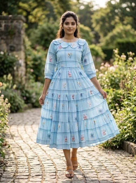 Intricate Sky Blue Comfortable Flared Kurti for Women Casual Collection Western Ladies Top Wholesale