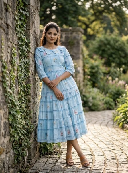 Intricate Sky Blue Comfortable Flared Kurti for Women Casual Collection Western Ladies Top Wholesale