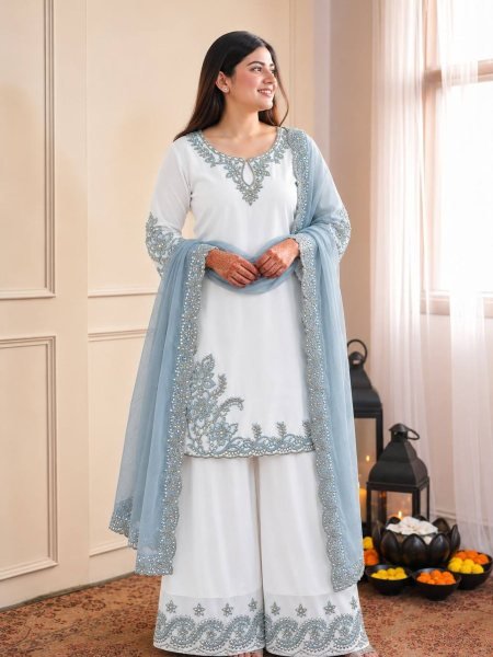 Intricate Sky Blue Maska Cotton Suits With Tebby Silk Dupatta Using Sequins Work Lace Border Ready To Wear Suit