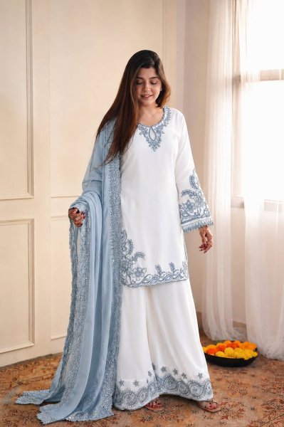 Intricate Sky Blue Maska Cotton Suits With Tebby Silk Dupatta Using Sequins Work Lace Border Ready To Wear Collection