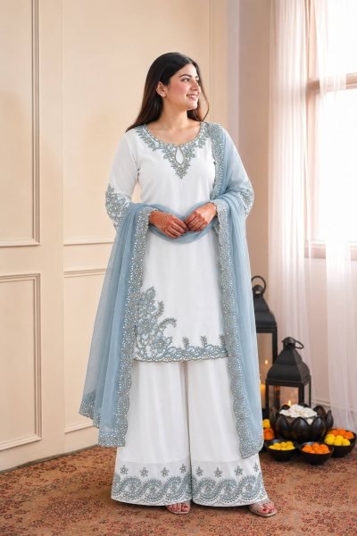 Intricate Sky Blue Maska Cotton Suits With Tebby Silk Dupatta Using Sequins Work Lace Border Ready To Wear Collection