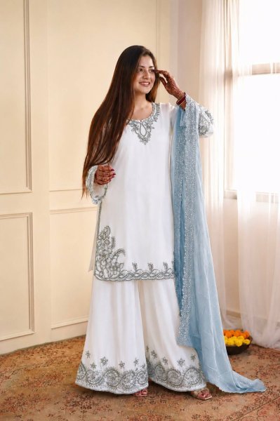 Intricate Sky Blue Maska Cotton Suits With Tebby Silk Dupatta Using Sequins Work Lace Border Ready To Wear Collection