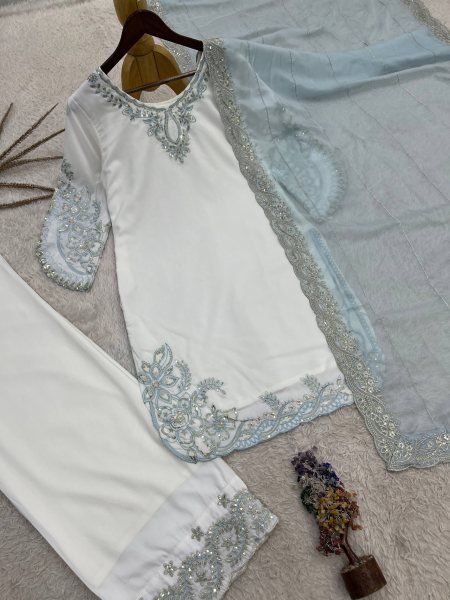 Intricate Sky Blue Maska Cotton Suits With Tebby Silk Dupatta Using Sequins Work Lace Border Ready To Wear Collection