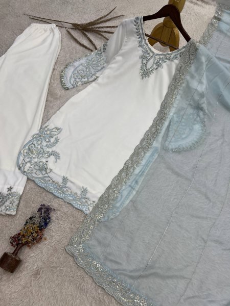 Intricate Sky Blue Maska Cotton Suits With Tebby Silk Dupatta Using Sequins Work Lace Border Ready To Wear Collection