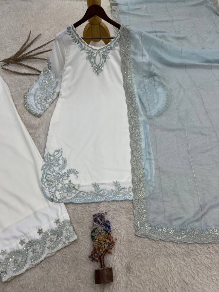 Intricate Sky Blue Maska Cotton Suits With Tebby Silk Dupatta Using Sequins Work Lace Border Ready To Wear Collection