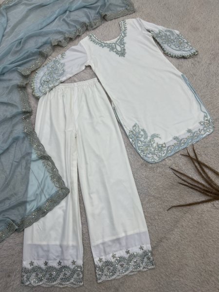Intricate Sky Blue Maska Cotton Suits With Tebby Silk Dupatta Using Sequins Work Lace Border Ready To Wear Collection