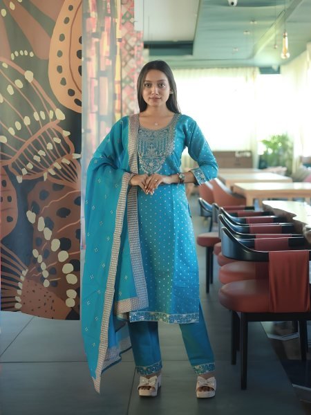 Intricate Sky Blue Women s Chanderi Cotton Kurti Palazzo Dupatta Set For Festival  