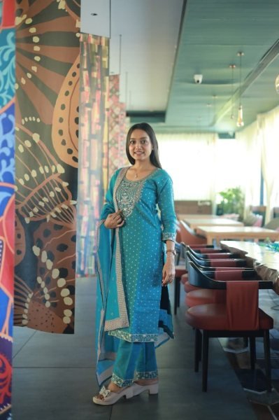 Intricate Sky Blue Women s Chanderi Cotton Kurti Palazzo Dupatta Set For Festival  Cotton Kurtis Wholesale