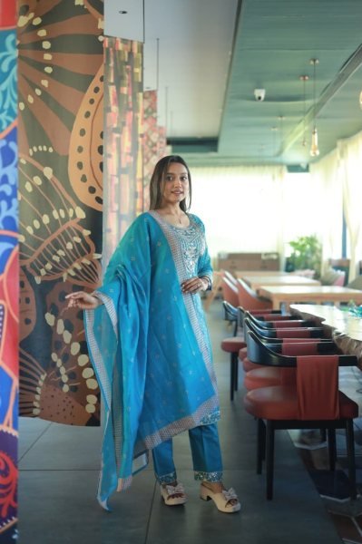 Intricate Sky Blue Women s Chanderi Cotton Kurti Palazzo Dupatta Set For Festival  Cotton Kurtis Wholesale