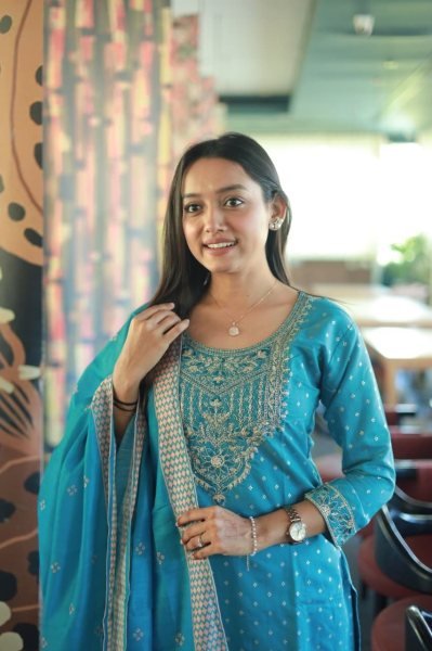 Intricate Sky Blue Women s Chanderi Cotton Kurti Palazzo Dupatta Set For Festival  Cotton Kurtis Wholesale