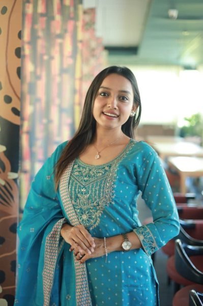 Intricate Sky Blue Women s Chanderi Cotton Kurti Palazzo Dupatta Set For Festival  Cotton Kurtis Wholesale