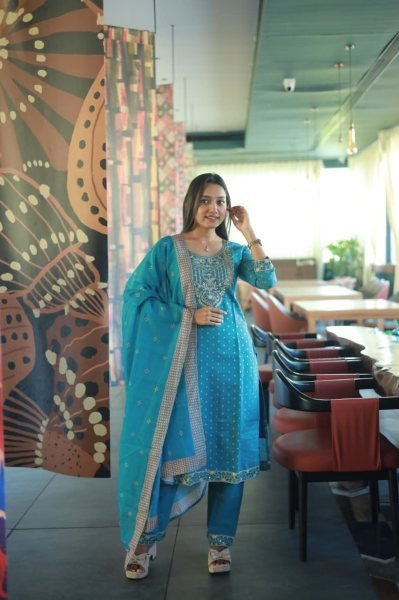Intricate Sky Blue Women s Chanderi Cotton Kurti Palazzo Dupatta Set For Festival  Cotton Kurtis Wholesale