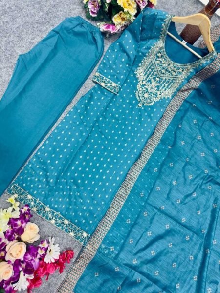 Intricate Sky Blue Women s Chanderi Cotton Kurti Palazzo Dupatta Set For Festival  Cotton Kurtis Wholesale