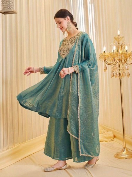 Intricate Teal Blue Festive Wear Kurti Palazzo Set with Sequence Work for Women 
