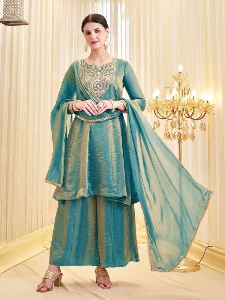 Intricate Teal Blue Festive Wear Kurti Palazzo Set with Sequence Work for Women Ready To Wear Collection